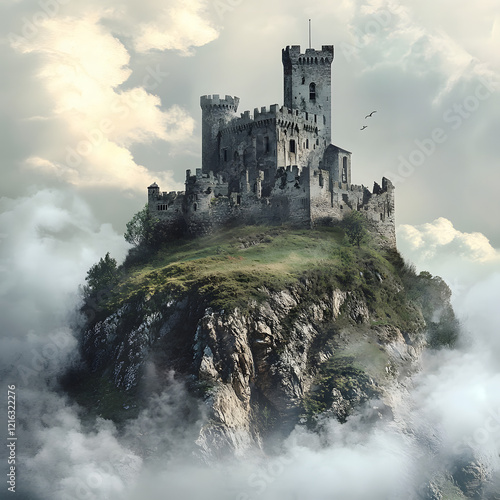 Mystical Mountaintop Castle in a Cloudy Landscape