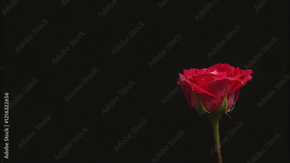A single red rose with dewdrops resting on its petals, isolated against a soft, black background
A single red rose with dewdrops resting on its petals, isolated against a soft, black background
