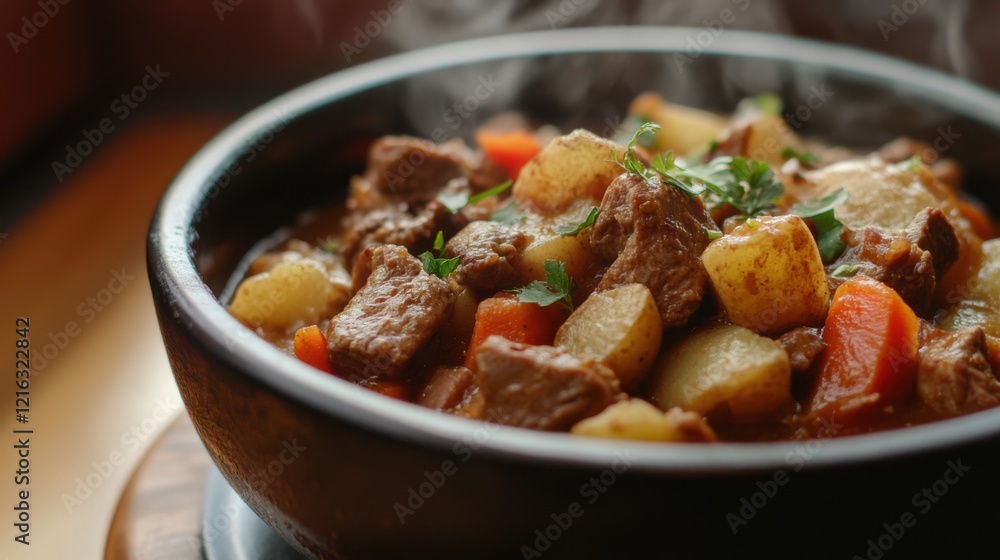 A steaming bowl of hearty Irish lamb stew, filled with potatoes, A steaming bowl of hearty Irish lamb stew, filled with potatoes,