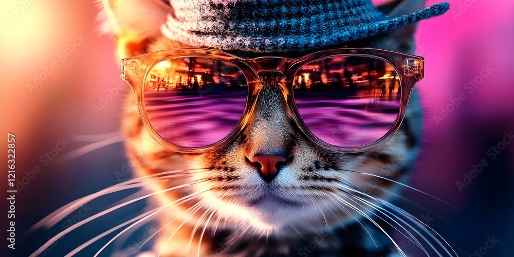 Fototapeta premium A stylish cat wearing sunglasses and a hat, looking cool against a colorful, blurred background. Concept Stylish Cat Fashion, Sunglasses and Hat, Colorful Background, Cool Pet Portraits