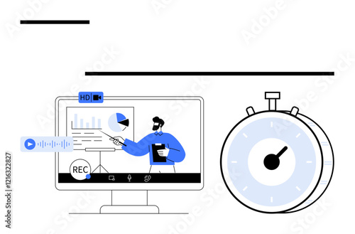 Speaker presenting data on screen with charts, microphone, and recording tools alongside a stopwatch. Ideal for digital learning, webinars, time management, productivity, training, analytics