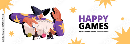 Design of advertising banner of board games store. Template of promotion of boardgames event. Happy girl plays role, master, player of dungeon and dragon with dices has fun. Flat vector illustration