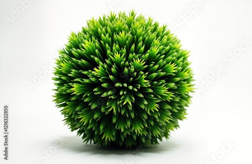 Round shaped green plant object with spiky leaves against white background. Vivid green bush looks like sphere. Fresh, healthy plant. Perfect for home decor eco-friendly theme. Modern eco design. photo