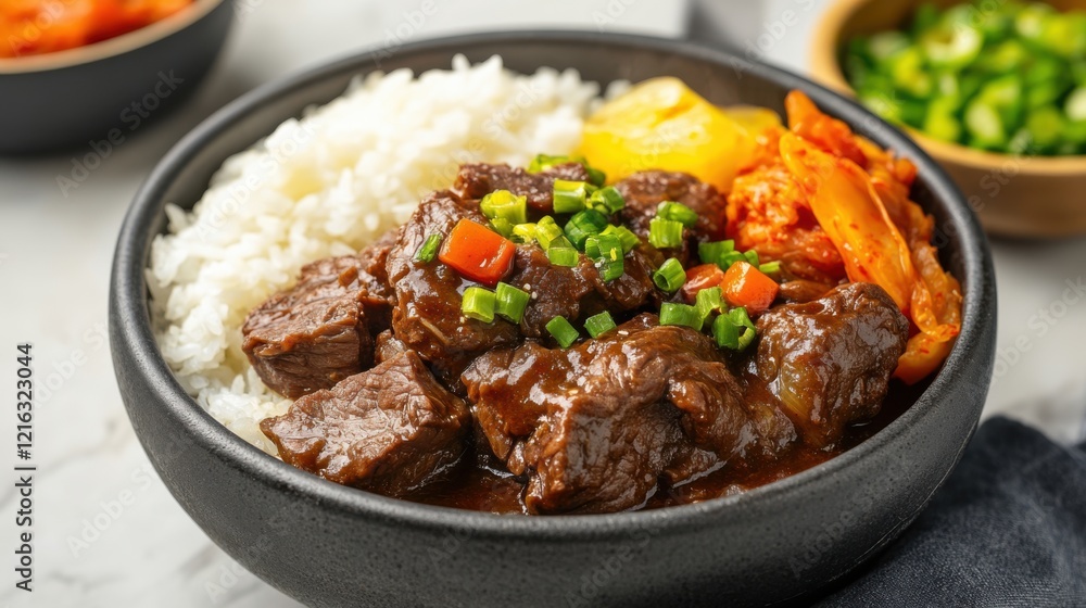 A steaming bowl of Korean-style braised beef, served with rice, A steaming bowl of Korean-style braised beef, served with rice,