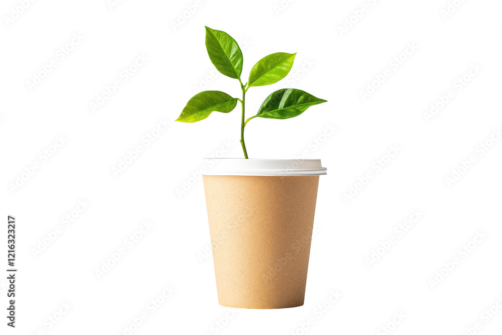 Green sapling in a biodegradable paper cup isolated on white or transparent, PNG Green sapling in a biodegradable paper cup isolated on white or transparent, PNG
