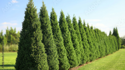 evergreen privacy hedge landscaping idea featuring tall thuja and leyland cypress row for formal garden design photo