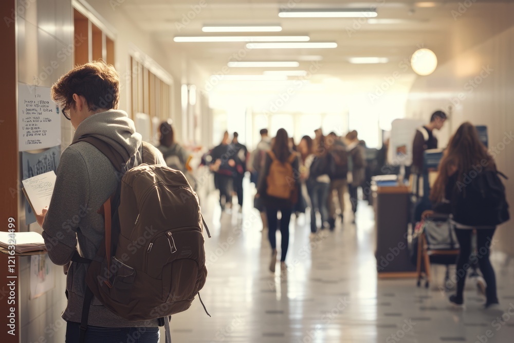 Fototapeta premium A bustling hallway filled with students walking, talking, and sharing notes between classes