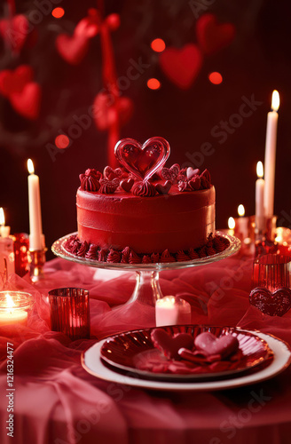 A delicious Valentine day romantic love cake decorated with hearts