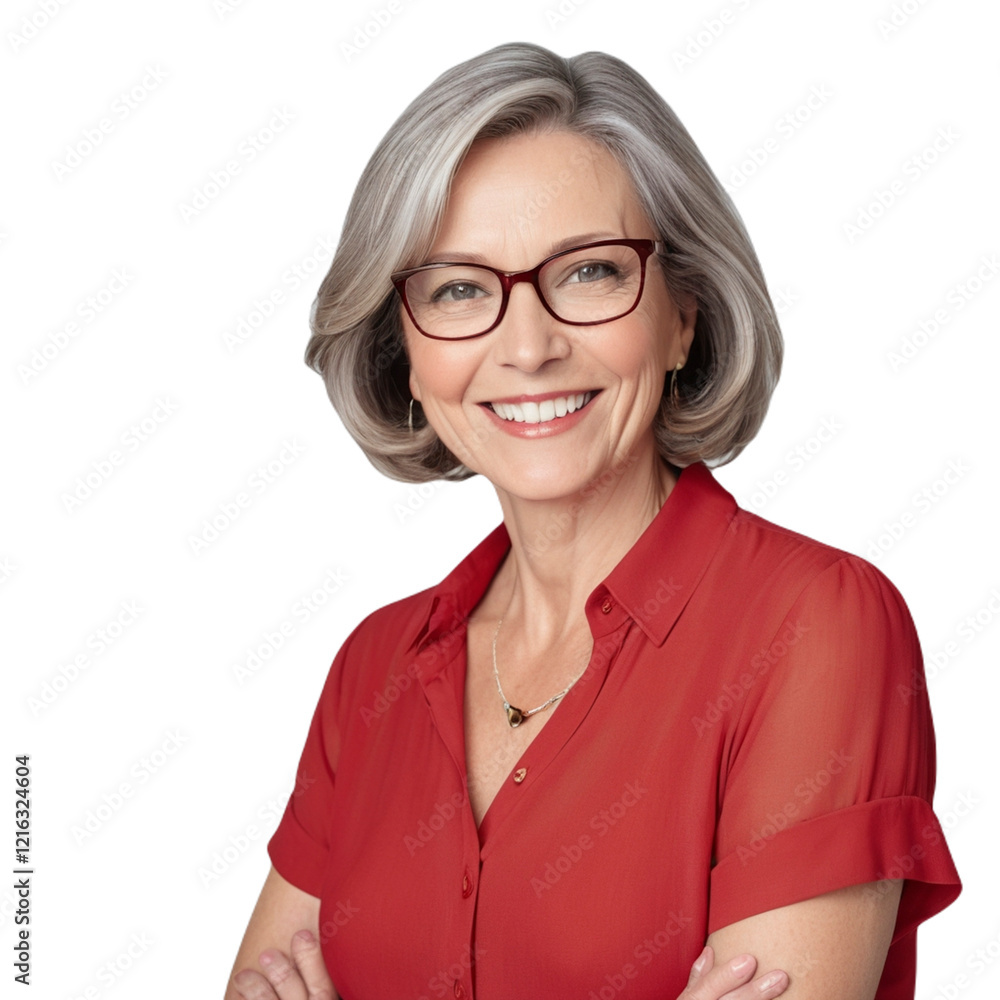 Middle-aged woman with glasses smiling gently, close-up portrait Middle-aged woman with glasses smiling gently, close-up portrait