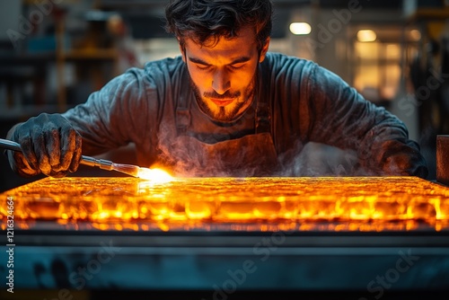 A glass artist in the workshop forms molten glass. Generative AI photo