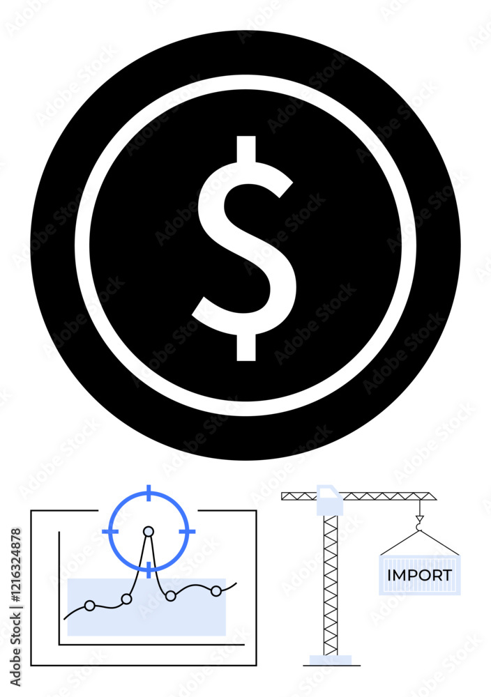 Fototapeta premium Dollar symbol in bold circle, statistical graph with target marker, crane lifting import box. Ideal for finance, economics, market trends, trade, investments, business planning abstract line flat