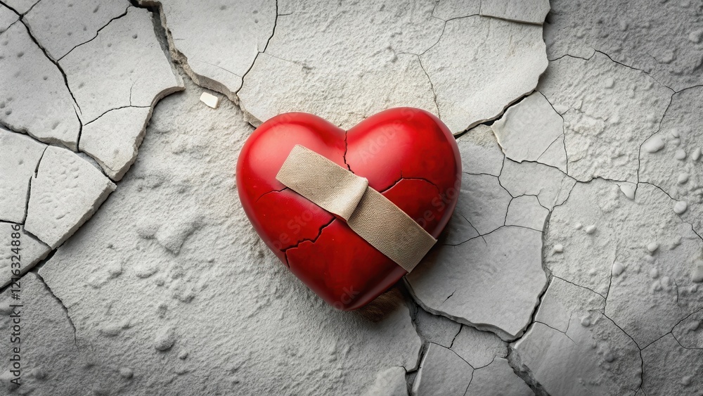 A lone heart with cracks and splits lies on a soft surface amidst scattered plaster shards, symbolizing shattered emotions and tender pain, bandage, plaster A lone heart with cracks and splits lies on a soft surface amidst scattered plaster shards, symbolizing shattered emotions and tender pain, bandage, plaster