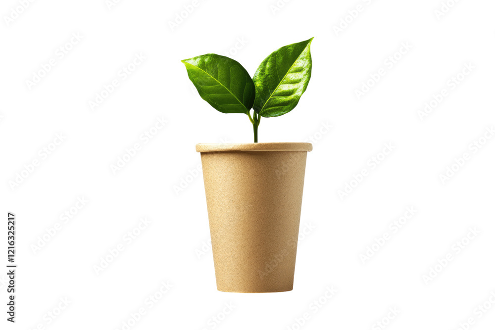 Green sapling in a biodegradable paper cup isolated on white or transparent, PNG Green sapling in a biodegradable paper cup isolated on white or transparent, PNG
