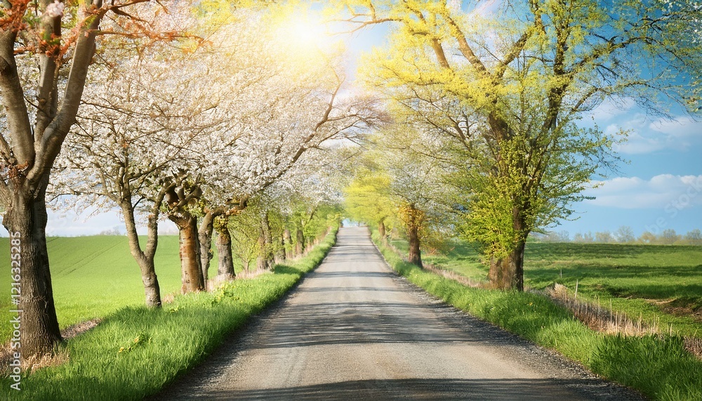 Naklejka premium Scenic Spring Road – Tree-Lined Path with Fresh Green Foliage and Blooming Countryside Landscape