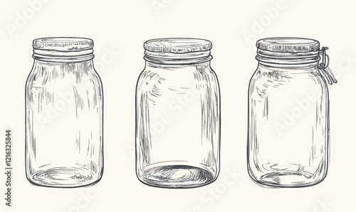 Minimalist Vector Illustration of Empty Glass Jars Ink Sketch for Vintage Design