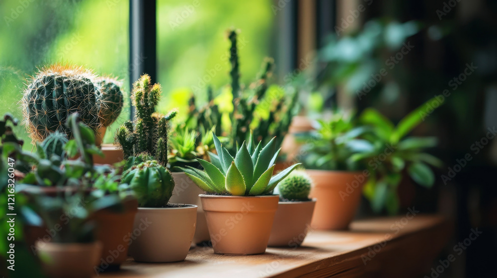 Indoor plants in various pots on wooden shelf, showcasing greenery and eco friendliness. scene evokes sense of tranquility and connection to nature Indoor plants in various pots on wooden shelf, showcasing greenery and eco friendliness. scene evokes sense of tranquility and connection to nature