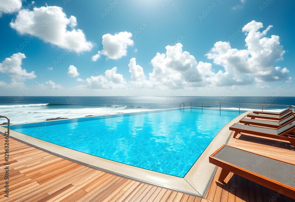 Fototapeta premium Luxurious white mansion, expansive swimming pool, tropical palm trees, clear blue sky, sunny day, elegant architecture, large windows, poolside terrace, terra cotta planters, manicured lawn, high-end 