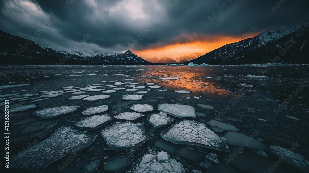 Fototapeta premium Dramatic Sunset Over Frozen Lake with Floating Ice and Snow-Capped Mountains in Winter Landscape