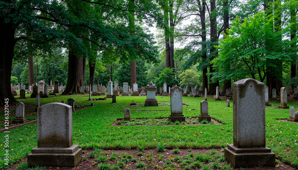 Obraz premium Serene cemetery with freshly washed gravestones in forest, remembrance