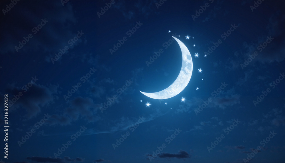 Naklejka premium Crescent moon with stars in blue night sky, symbol of Ramadan