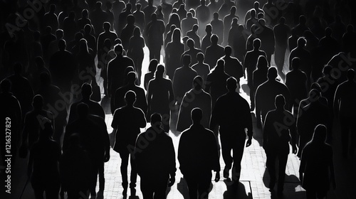 Silhouetted crowd of people walking.