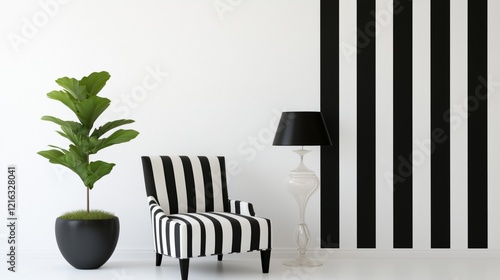Fototapeta Naklejka Na Ścianę i Meble -  A black and white striped room with a white wall and a black and white striped chair. A white lamp is on the floor next to the chair