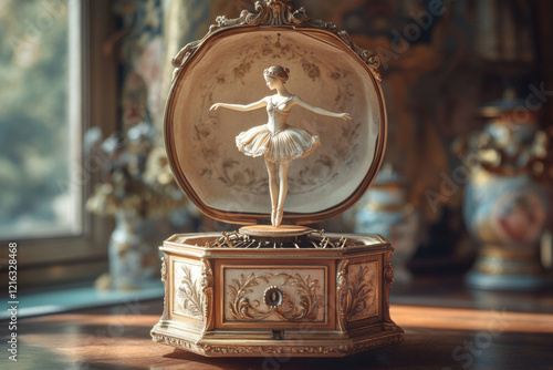 An antique music box featuring a porcelain ballerina dancer, intricately detailed and elegantly displayed.