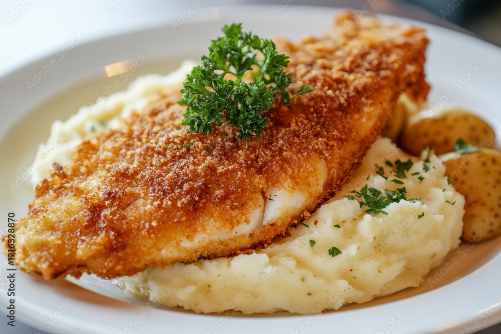 Crispy fried fish fillet rests atop a bed of creamy mashed potatoes, garnished with fresh parsley, accompanied by tender baby potatoes, showcasing exquisite culinary presentation Crispy fried fish fillet rests atop a bed of creamy mashed potatoes, garnished with fresh parsley, accompanied by tender baby potatoes, showcasing exquisite culinary presentation