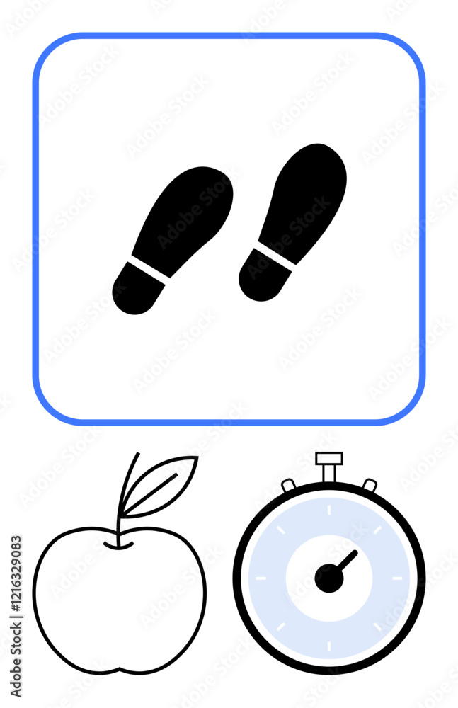 Footsteps icon inside a blue-bordered square an apple and a stopwatch. Ideal for promoting healthy lifestyle, fitness, walking, nutrition, time management, wellness, exercise. Line metaphor Footsteps icon inside a blue-bordered square an apple and a stopwatch. Ideal for promoting healthy lifestyle, fitness, walking, nutrition, time management, wellness, exercise. Line metaphor
