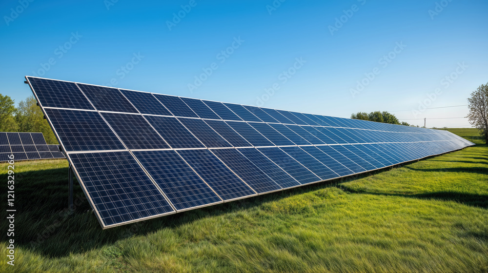 A close-up of modern solar panels surrounded by trees in a peaceful country side. A close-up of modern solar panels surrounded by trees in a peaceful country side.