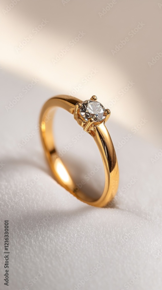 Delicate gold ring with sparkling diamond illuminated by warm light on smooth surface Delicate gold ring with sparkling diamond illuminated by warm light on smooth surface