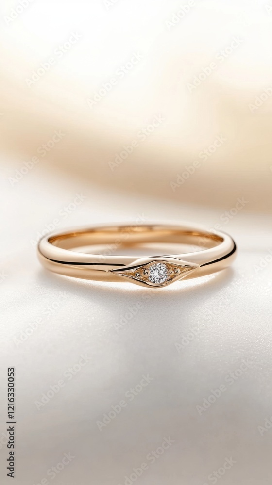 Delicate gold ring with sparkling diamond glimmers on smooth surface Delicate gold ring with sparkling diamond glimmers on smooth surface