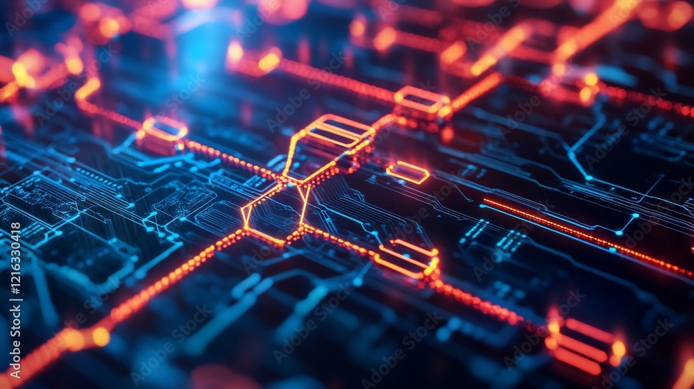 Abstract glowing circuit board with orange and blue lines. Abstract glowing circuit board with orange and blue lines.