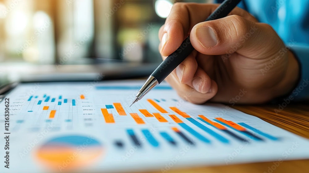 Professional reviewing data charts on a desktop monitor, detailed and colorful charts, office setup Professional reviewing data charts on a desktop monitor, detailed and colorful charts, office setup