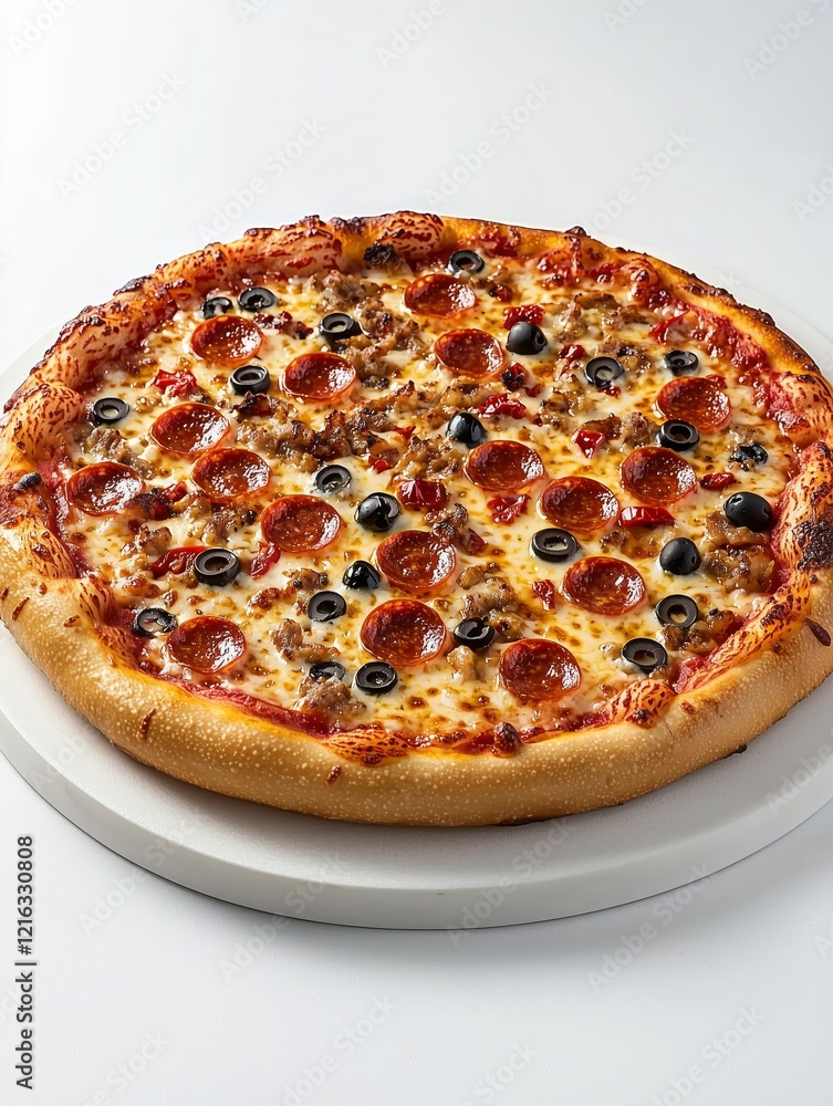 Delicious Pepperoni Pizza with Olives and Sausage on a White Background