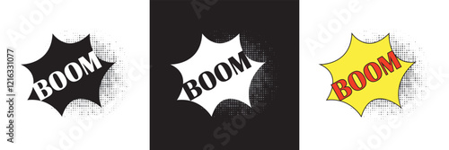 Comic speech bubble vector, comic book sound effects, black white and  colorful pop art design with  Boom  for action theme graphics. isolated on white and black background. vector illustration. EPS10