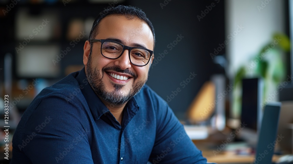 Close-up portrait of a smiling businessman with glasses at his office desk Close-up portrait of a smiling businessman with glasses at his office desk