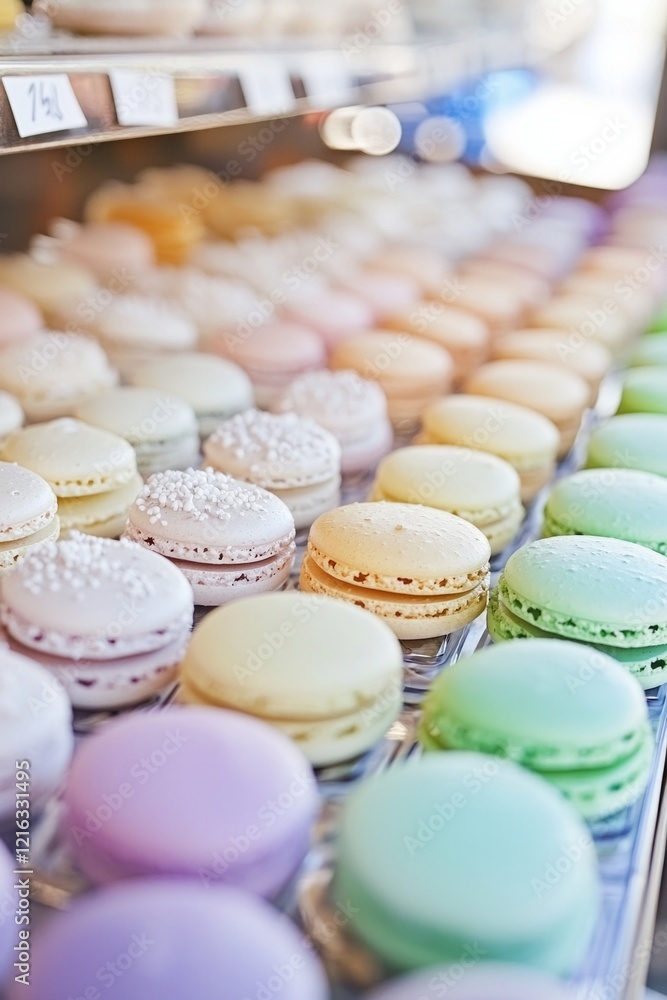 Fototapeta premium Colorful macarons with glitter sprinkles on top, arranged in rows and displayed at an outdoor market stall. 