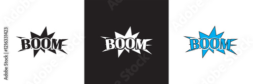 Comic speech bubble vector, comic book sound effects, black white and  colorful pop art design with  Boom  for action theme graphics. isolated on white and black background. vector illustration. EPS10