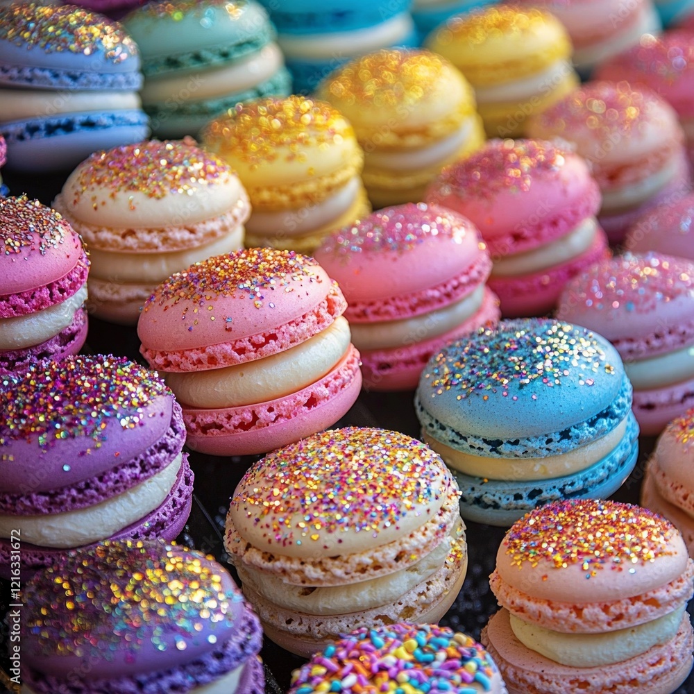 Colorful macarons with glitter sprinkles on top, arranged in rows and displayed at an outdoor market stall. Colorful macarons with glitter sprinkles on top, arranged in rows and displayed at an outdoor market stall.