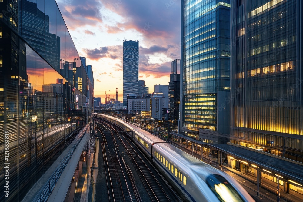 Modern high-speed train passing through an urban cityscape at sunset, surrounded by glass buildings reflecting the vibrant evening sky Modern high-speed train passing through an urban cityscape at sunset, surrounded by glass buildings reflecting the vibrant evening sky