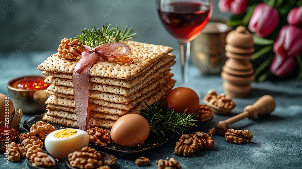 Festive Passover table. matza tied with a ribbon, red wine, walnuts, a boiled egg, honey, a Star of David, a wineglass, a nutcracker, and tulips arranged on a soft blue backdrop. Festive Passover table. matza tied with a ribbon, red wine, walnuts, a boiled egg, honey, a Star of David, a wineglass, a nutcracker, and tulips arranged on a soft blue backdrop.
