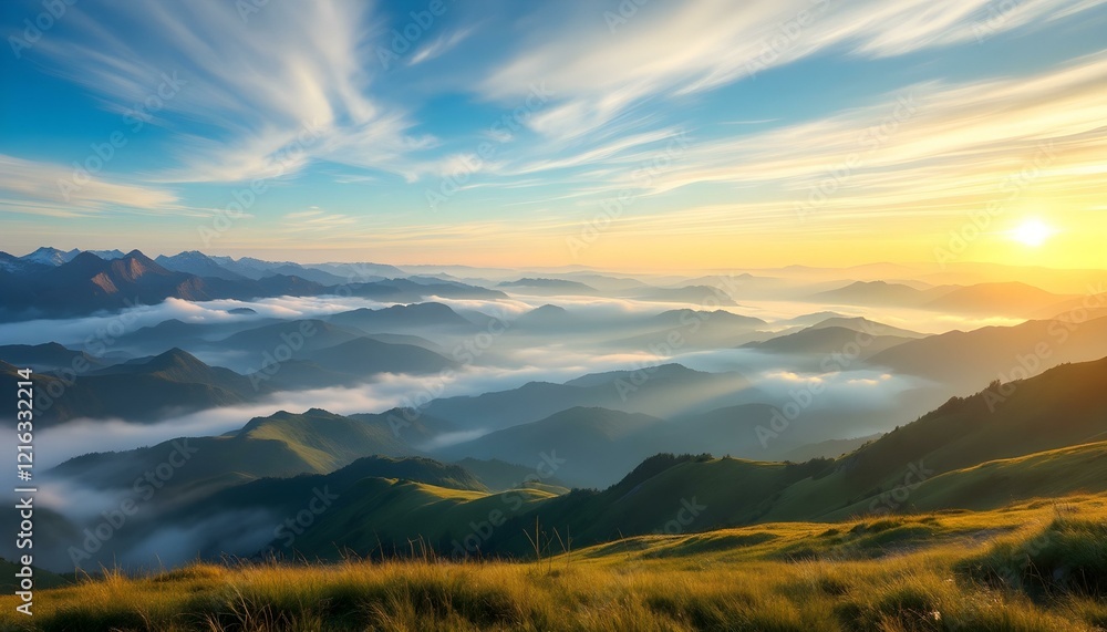 Panoramic view of a sunrise over misty mountains, with golden light illuminating grassy hills, peaks, and layers of distant mountains under a vibrant blue sky streaked with soft clouds. Panoramic view of a sunrise over misty mountains, with golden light illuminating grassy hills, peaks, and layers of distant mountains under a vibrant blue sky streaked with soft clouds.