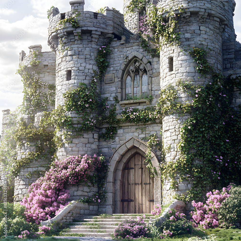 Naklejka premium Enchanted Stone Castle with Blooming Garden