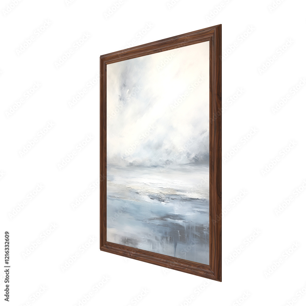 oil painting, 3d render of a picture oil painting in wooden frame, abstract painting of a sky, sea, right view oil painting, 3d render of a picture oil painting in wooden frame, abstract painting of a sky, sea, right view
