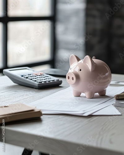 A pink piggy bank sits on a table surrounded by papers and a calculator, symbolizing savings and financial planning in a cozy office environment.