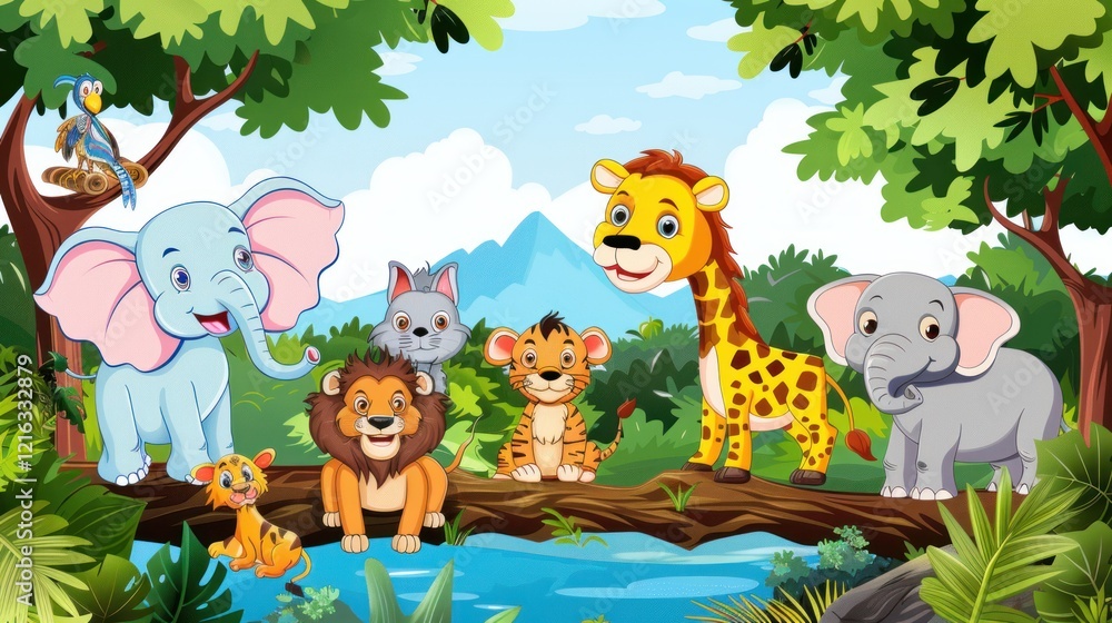 Naklejka premium Jungle animals gathering by river, mountains background, kids book illustration