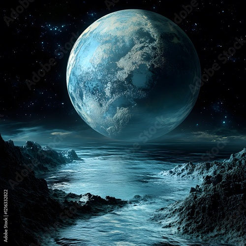 An exoplanet discovered by scientists, its surface covered with strange landscapes and uncharted oceans.