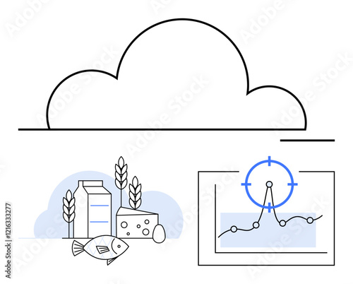 Cloud symbolizes digital solutions. Fish, milk, cheese, wheat imply food industry focus. Graph highlights analytics and precision. Ideal for data insights, agriculture, food security cloud tech