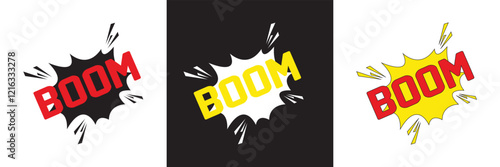 Comic speech bubble vector, comic book sound effects, black white and  colorful pop art design with  Boom  for action theme graphics. isolated on white and black background. vector illustration. EPS10